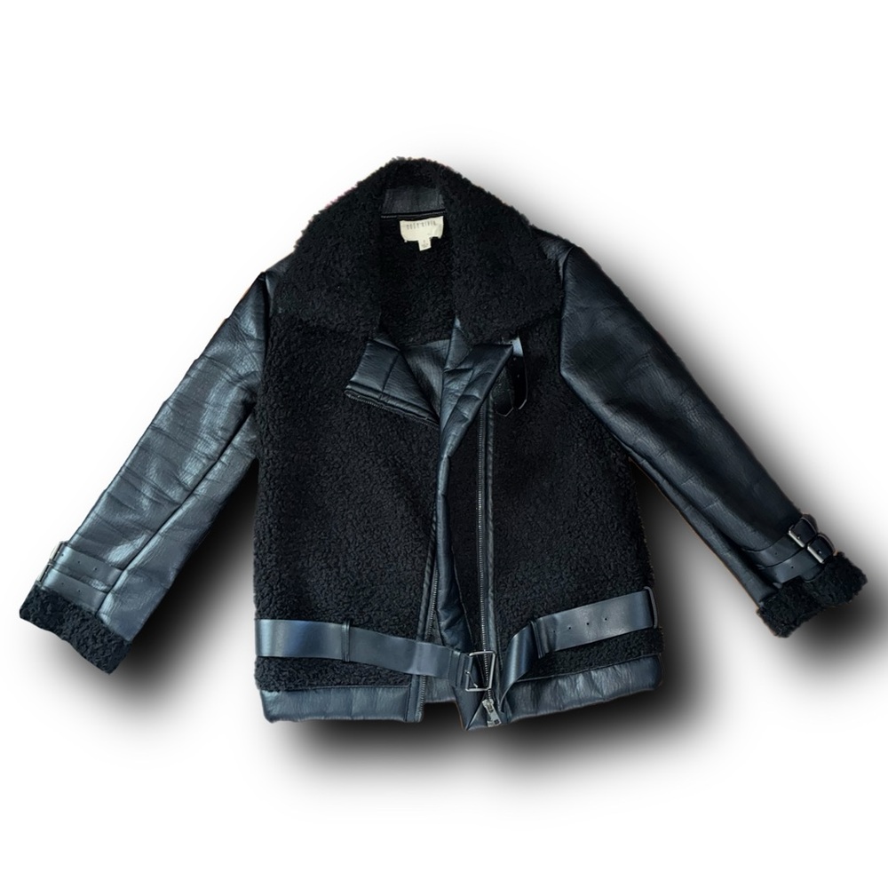 Moon River Black Shearling Faux Leather Jacket Fall Soft Grunge Vibes - Picture 2 of 6